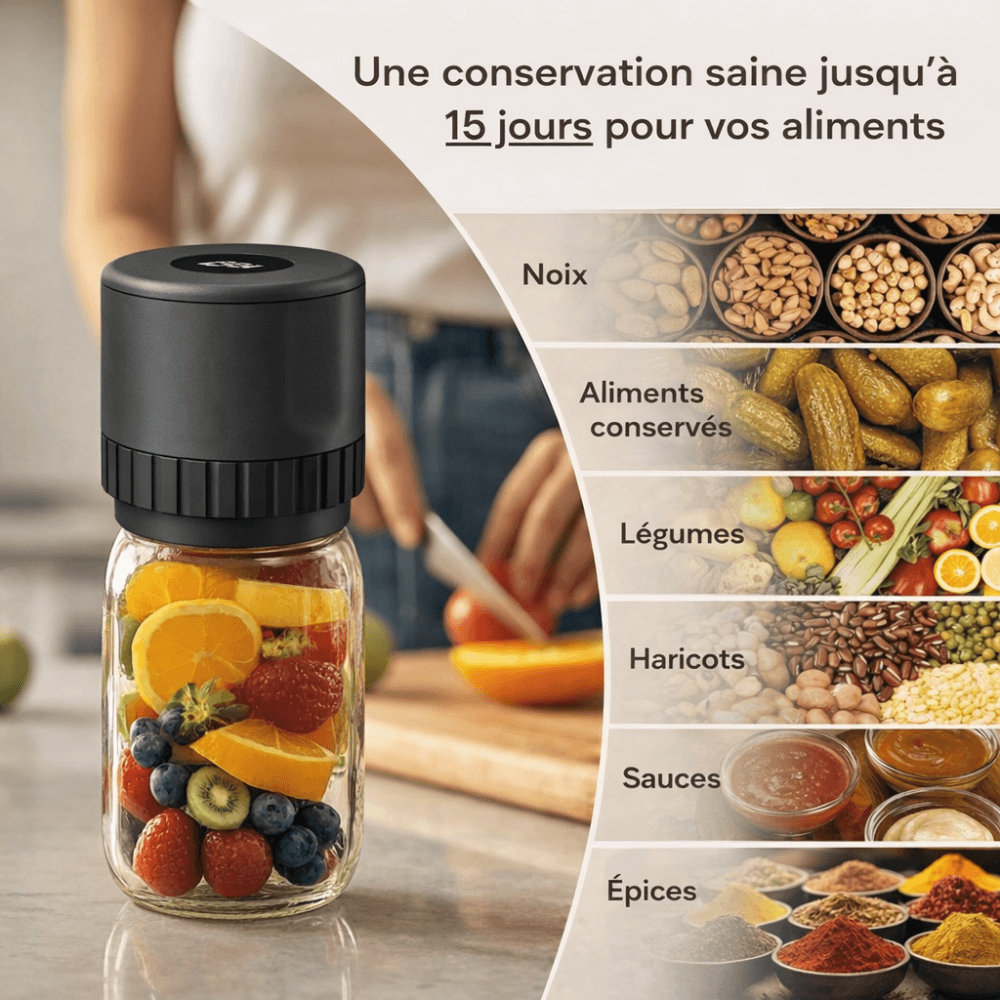 Kit de mise sous vide SKELFRESH avec appareil, adaptateur, couvercles et chargeur USB-C